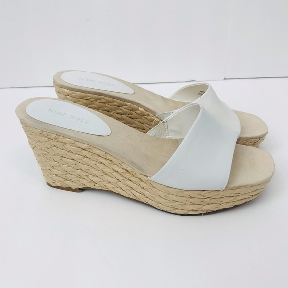 Nine West Librao Leather Straw Raffia Platform Wedge Square Toe Heel Sandals - Picture 2 of 9